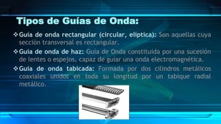 Tipos de Guías de Onda:
Guía de onda rectangular (circular, elíptica): Son aquellas cuya
sección transversal es rectangular.
Guía de onda de haz: Guía de Onda constituida por una sucesión
de lentes o espejos, capaz de guiar una onda electromagnética.
Guía de onda tabicada: Formada por dos cilindros metálicos
coaxiales unidos en toda su longitud por un tabique radial
metálico.
 