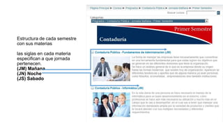 Estructura de cada semestre
con sus materias
las siglas en cada materia
especifican a que jornada
pertenecen.
(JM) Mañana
(JN) Noche
(JS) Sabado

 