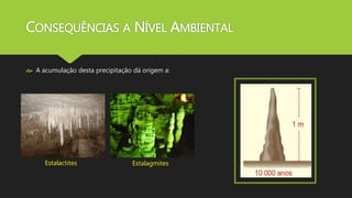 CONSEQUÊNCIAS A NÍVEL AMBIENTAL 
 A acumulação desta precipitação dá origem a: 
Estalactites Estalagmites 
 