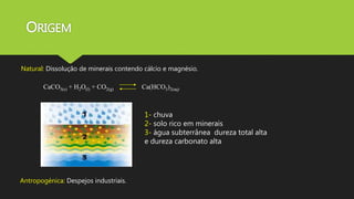 ORIGEM 
Natural: Dissolução de minerais contendo cálcio e magnésio. 
CaCO3(s) + H2O(l) + CO2(g) Ca(HCO3)2(aq) 
1- chuva 
2- solo rico em minerais 
3- água subterrânea dureza total alta 
e dureza carbonato alta 
Antropogénica: Despejos industriais. 
 