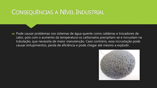 CONSEQUÊNCIAS A NÍVEL INDUSTRIAL 
 Pode causar problemas nos sistemas de água quente como caldeiras e trocadores de 
calor, pois com o aumento da temperatura os carbonatos precipitam-se e incrustam na 
tubulação, que necessita de maior manutenção. Caso contrário, essa incrustação pode 
causar entupimentos, perda de eficiência e pode chegar até mesmo a explodir. 
 