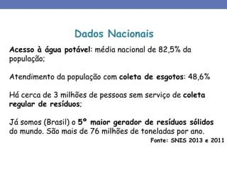 Acesso à água potável: média nacional de 82,5% da
população;
Atendimento da população com coleta de esgotos: 48,6%
Há cerca de 3 milhões de pessoas sem serviço de coleta
regular de resíduos;
Já somos (Brasil) o 5º maior gerador de resíduos sólidos
do mundo. São mais de 76 milhões de toneladas por ano.
Fonte: SNIS 2013 e 2011
Dados Nacionais
 