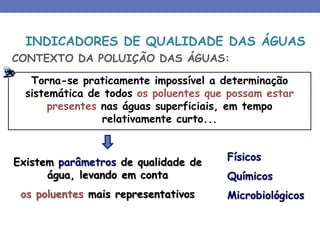 CONTEXTO DA POLUIÇÃO DAS ÁGUAS:
Existem parâmetros de qualidade de
água, levando em conta
os poluentes mais representativos
Torna-se praticamente impossível a determinação
sistemática de todos os poluentes que possam estar
presentes nas águas superficiais, em tempo
relativamente curto...
Físicos
Químicos
Microbiológicos
INDICADORES DE QUALIDADE DAS ÁGUAS
 