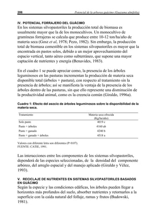 206                                              Potencial de la arborea guácimo (Guazuma ulmifolia)


IV. POTENCIAL FORRAJERO DEL GUÁCIMO
En los sistemas silvopastoriles la producción total de biomasa es
usualmente mayor que la de los monocultivos. Un monocultivo de
gramíneas forrajeras se calcula que produce entre 10-12 ton/ha/año de
materia seca (Gosz et al, 1978; Pezo, 1982). Sin embargo, la producción
total de biomasa comestible en los sistemas silvopastoriles es mayor que la
encontrada en pastos solos, debido a un mejor aprovechamiento del
espacio vertical, tanto aéreo como subterráneo, que supone una mayor
captación de nutrientes y energía (Benavides, 1983).

En el cuadro 1 se puede apreciar como, la presencia de los árboles
leguminosos en las pasturas incrementan la producción de materia seca
disponible total (árboles + pastura), con respecto al tratamiento sin la
presencia de árboles; así se manifiesta la ventaja de la presencia de los
árboles dentro de las pasturas, sin que ello represente una disminución de
la productividad animal, como es la creencia común (Giraldo, 1996a).

Cuadro 1: Efecto del asocio de árboles leguminosos sobre la disponibilidad de la
materia seca.

 Tratamiento                                               Materia seca ofrecida
                                                               (Kg/ha/año)
 Solo pasto                                                       4019 c
 Pasto + árboles                                                  4160 ab
 Pasto + ganado                                                   4240 b
 Pasto + ganado + árboles                                         4518 a

Valores con diferente letra son diferentes (P<0.07).
FUENTE: CATIE, 1991.


Las interacciones entre los componentes de los sistemas silvopastoriles,
dependerá de las especies seleccionadas, de la densidad del componente
arbóreo, del arreglo espacial y del manejo aplicado (Giraldo y Vélez,
1993).

V. RECICLAJE DE NUTRIENTES EN SISTEMAS SILVOPASTORILES BASADOS
EN GUÁCIMO
Según la especie y las condiciones edáficas, los árboles pueden llegar a
horizontes más profundos del suelo, absorber nutrientes y retornarlos a la
superficie con la caída natural del follaje, ramas y frutos (Budowski,
1981).
 