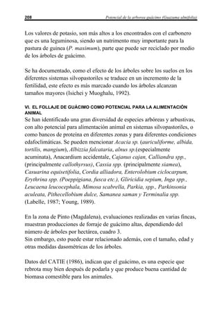 208                               Potencial de la arborea guácimo (Guazuma ulmifolia)


Los valores de potasio, son más altos a los encontrados con el carbonero
que es una leguminosa, siendo un nutrimento muy importante para la
pastura de guinea (P. maximum), parte que puede ser reciclado por medio
de los árboles de guácimo.

Se ha documentado, como el efecto de los árboles sobre los suelos en los
diferentes sistemas silvopastoriles se traduce en un incremento de la
fertilidad, este efecto es más marcado cuando los árboles alcanzan
tamaños mayores (Isichei y Muoghalu, 1992).

VI. EL FOLLAJE DE GUÁCIMO COMO POTENCIAL PARA LA ALIMENTACIÓN
ANIMAL
Se han identificado una gran diversidad de especies arbóreas y arbustivas,
con alto potencial para alimentación animal en sistemas silvopastoriles, o
como bancos de proteína en diferentes zonas y para diferentes condiciones
edafoclimáticas. Se pueden mencionar Acacia sp. (auriculiforme, albida,
tortilis, mangium), Albizzia falcataria, alnus sp.(especialmente
acuminata), Anacardium accidentale, Cajanus cajan, Calliandra spp.,
(principalmente callothyrsus), Cassia spp. (principalmente siamea),
Casuarina equisetifolia, Cordia alliadora, Enterolobium ciclocarpum,
Erythrina spp. (Poeppigiana, fusca etc.), Gliricidia sepium, Inga spp.,
Leucaena leucocephala, Mimosa scabrella, Parkia, spp., Parkinsonia
aculeata, Pithecellobium dulce, Samanea saman y Terminalia spp.
(Labelle, 1987; Young, 1989).

En la zona de Pinto (Magdalena), evaluaciones realizadas en varias fincas,
muestran producciones de forraje de guácimo altas, dependiendo del
número de árboles por hectárea, cuadro 3.
Sin embargo, esto puede estar relacionado además, con el tamaño, edad y
otras medidas dasométricas de los árboles.

Datos del CATIE (1986), indican que el guácimo, es una especie que
rebrota muy bien después de podarla y que produce buena cantidad de
biomasa comestible para los animales.
 
