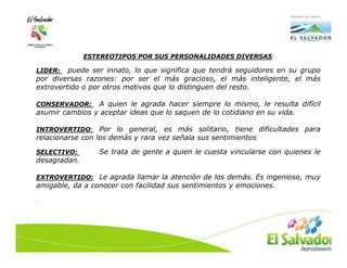ESTEREOTIPOS POR SUS PERSONALIDADES DIVERSAS:

LIDER:   puede ser innato, lo que significa que tendrá seguidores en su grupo
por diversas razones: por ser el más gracioso, el más inteligente, el más
extrovertido o por otros motivos que lo distinguen del resto.

CONSERVADOR:    A quien le agrada hacer siempre lo mismo, le resulta difícil
asumir cambios y aceptar ideas que lo saquen de lo cotidiano en su vida.

INTROVERTIDO:     Por lo general, es más solitario, tiene dificultades para
relacionarse con los demás y rara vez señala sus sentimientos.

SELECTIVO:       Se trata de gente a quien le cuesta vincularse con quienes le
desagradan.

EXTROVERTIDO: Le agrada llamar la atención de los demás. Es ingenioso, muy
amigable, da a conocer con facilidad sus sentimientos y emociones.

.
 