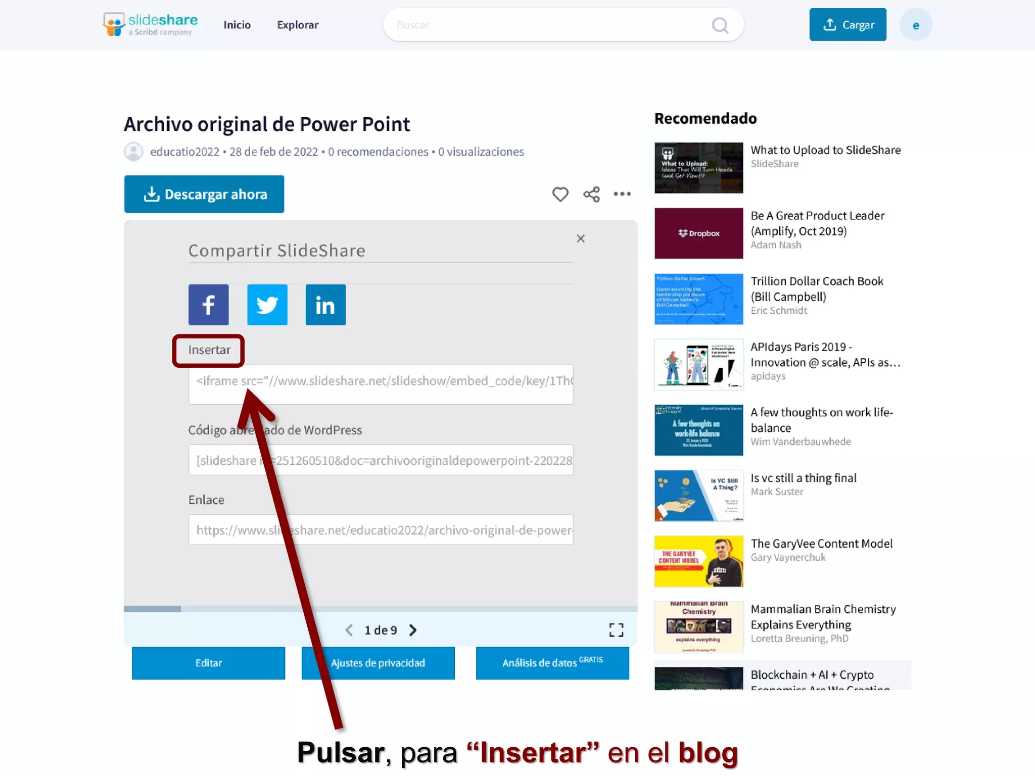 Pulsar, para “Insertar” en el blog