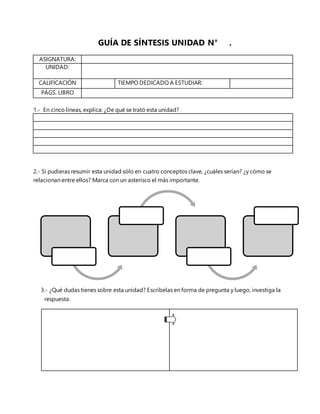 GUÍA DE SÍNTESIS UNIDAD N° .
ASIGNATURA:
UNIDAD:
CALIFICACIÓN TIEMPO DEDICADO A ESTUDIAR:
PÁGS. LIBRO
1.- En cinco líneas,...