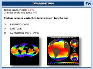 TEMPERATURA 
Religião Predominante: Islamismo
Temperatura Média: 16ºC
Grandes profundidades: 4ºC
Podem ocorrer variações térmicas em função da:
 PROFUNDIDADE
 LATITUDE
 CORRENTES MARÍTIMAS
 