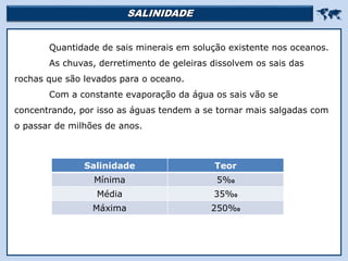 SALINIDADE 
Religião Predominante: Islamismo
Quantidade de sais minerais em solução existente nos oceanos.
As chuvas, derretimento de geleiras dissolvem os sais das
rochas que são levados para o oceano.
Com a constante evaporação da água os sais vão se
concentrando, por isso as águas tendem a se tornar mais salgadas com
o passar de milhões de anos.
Salinidade Teor
Mínima 5%0
Média 35%0
Máxima 250%0
 
