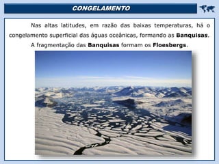 CONGELAMENTO 
Religião Predominante: Islamismo
Nas altas latitudes, em razão das baixas temperaturas, há o
congelamento superficial das águas oceânicas, formando as Banquisas.
A fragmentação das Banquisas formam os Floesbergs.
 