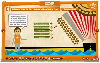 Tablero de discusión
Diligenciar información
Foro social
Enviar
Secuencia
Ubiquemos los botones
del teclado del acordeón
en forma correcta para
que nuestro juglar pueda
tocar una alegre melodía.
4 Región caribeSistema para la gestión de aprendizaje (LMS)
de paseo
con sofía
/4532
SENA, Centro de Gestión de Mercados, Logística y Tecnologías de la Información y la Comunicación.Todos los derechos reservados
actividad
 