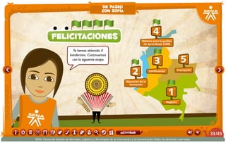 felicitaciones 4
Sistema para la gestión
de aprendizaje (LMS)
2
Ejecución de la
formación
3
Certificación
5
Inscripción
1
Registro
Ya hemos obtenido 4
banderines. Continuemos
con la siguiente etapa
de paseo
con sofía
/4533
SENA, Centro de Gestión de Mercados, Logística y Tecnologías de la Información y la Comunicación.Todos los derechos reservados
actividad
 