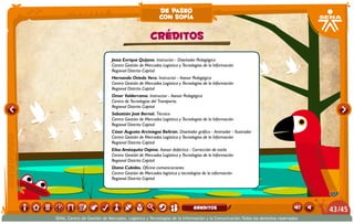 Jesús Enrique Quijano. Instructor - Diseñador Pedagógico
Centro Gestión de Mercados Logística y Tecnologías de la Información
Regional Distrito Capital
Hernando Oviedo Vera. Instructor - Asesor Pedagógico
Centro Gestión de Mercados Logística y Tecnologías de la Información
Regional Distrito Capital
Omar Valderrama. Instructor - Asesor Pedagógico
Centro de Tecnologías del Transporte,
Regional Distrito Capital
Sebastián José Bernal. Técnico
Centro Gestión de Mercados Logística y Tecnologías de la Información
Regional Distrito Capital
César Augusto Arciniegas Beltrán. Diseñador gráfico - Animador - Ilustrador
Centro Gestión de Mercados Logística y Tecnologías de la Información
Regional Distrito Capital
Elisa Amézquita Ospina. Asesor didáctico - Corrección de estilo
Centro Gestión de Mercados Logística y Tecnologías de la Información
Regional Distrito Capital
Diana Cubides. Oficina comunicaciones
Centro Gestión de Mercados logística y tecnologías de la información
Regional Distrito Capital
CRÉDITOS
de paseo
con sofía
/4543
SENA, Centro de Gestión de Mercados, Logística y Tecnologías de la Información y la Comunicación.Todos los derechos reservados
greditos
 