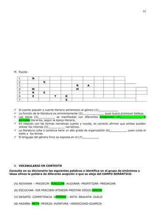 12




   M. Puzzle:

      1         N
      2                 S
      3                                         R        A
      4         M                               M
      5         R       E
      6         E               T       R
      7                                 S


    El cuento popular y cuento literario pertenecen al género (1)____________
    La función de la literatura es eminentemente (2)_____________ pues busca promover belleza.
    Las obras (3)__________ se manifiestan con diferentes tendencias, (4)_____________ o
     períodos literarios, según la época literaria.
    En relación con las formas narrativas cuento y novela, es correcto afirmar que ambas pueden
     utilizar los mismos (5)__________ narrativos.
    La literatura culta o canónica tiene un alto grado de organización (6)__________, pues cuida el
     estilo y los temas.
    El lenguaje del género lírico se expresa en el (7)__________




   N. VOCABULARIO EN CONTEXTO
Consulte en su diccionario las siguientes palabras e identifica en el grupo de sinónimos o
ideas afines la palabra de diferente acepción o que se aleja del CAMPO SEMÁNTICO.


   25) ADIVINAR – PREDECIR- PUBLICAR- AUGURAR- PROFETIZAR- PRESAGIAR

   26) ESCUCHAR- OIR-PERCIBIR-ATENDER-PRESTAR OÍDOS-SENTIR

   27) DESAFÍO -COMPETENCIA -APREMIO – RETO- BRAVATA- DUELO

   28) HAZAÑA- META- PROEZA- AVENTURA –HEROICIDAD-GUAPEZA
 