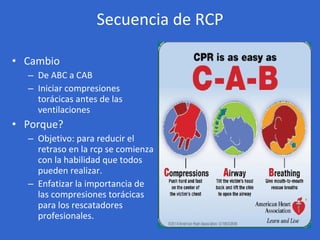 Secuencia de RCP <ul><li>Cambio </li></ul><ul><ul><li>De ABC a CAB </li></ul></ul><ul><ul><li>Iniciar compresiones torácic...