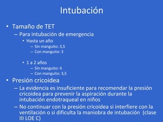 Intubación <ul><li>Tamaño de TET </li></ul><ul><ul><li>Para intubación de emergencia </li></ul></ul><ul><ul><ul><li>Hasta ...
