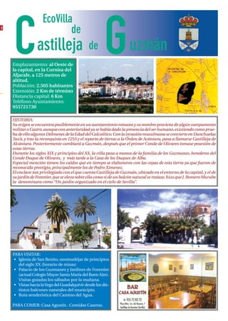 EcoVilla
❙




    C             astilleja
                             de

    Emplazamiento: al Oeste de
    la capital, en la Cornisa del
    Aljarafe, a 125 metros de
                                               de       G            uzmán
    altitud.
    Población: 2.505 habitantes
    Extensión: 2 Km de término
    Distancia capital: 6 Km
    Teléfono Ayuntamiento:
    955721730

    HISTORIA:
    Su origen se encuentra posiblemente en un asentamiento romano y su nombre proviene de algún campamento
    militar o Castro, aunque con anterioridad ya se había dado la presencia del ser humano, existiendo como prue-
    ba de ello algunos Dólmenes de la Edad del Calcolítico. Con la invasión musulmana se convierte en Dunchuelas
    Taxit, y tras la reconquista en 1253 y el reparto de tierras a la Órden de Acántara, pasa a llamarse Castilleja de
    Alcántara. Posteriormente cambiará a Guzmán, después que el primer Conde de Olivares tomase posesión de
    estas tierras.
    Durante los siglos XIX y principios del XX, la villa pasa a manos de la familia de los Guzmanes, herederos del
    Conde Duque de Olivares, y más tarde a la Casa de los Duques de Alba.
    Especial mención tienen los caldos que en tiempo se elaboraron con las cepas de esta tierra ya que fueron de
    reconocido prestigio, principalmente los de Pedro Ximenez.
    El enclave tan privilegiado con el que cuenta Castilleja de Guzmán, ubicado en el entorno de la capital, y el de
    su jardín de Forestier, que se eleva sobre ella como si de un balcón natural se tratase, hizo que J. Romero Murube
    la denominara como “Un jardín organizado en el cielo de Sevilla”.




    PARA VISITAR:
     • Iglesia de San Benito, neomudéjar de principios
       del siglo XX (horario de misas)
     • Palacio de los Guzmanes y Jardines de Forestier
       (actual Colegio Mayor Santa María del Buen Aire).
       Visitas guiadas los sábados por la mañana.
     • Vistas hacia la Vega del Guadalquivir desde los dis-
       tintos balcones naturales del municipio.
     • Ruta senderística del Camino del Agua.

    PARA COMER: Casa Agustín . Comidas Caseras.
 