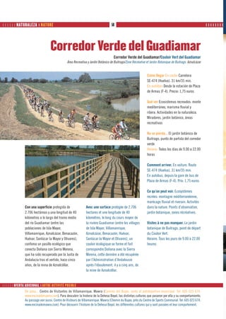       NATURALEZA ❙ NATURE                                                    50                                                                       ❙❙❙❙❙❙❙❙




                                   Corredor Verde del Guadiamar
                                                                                     Corredor Verde del Guadiamar/Couloir Vert del Guadiamar
                                                Área Recreativa y Jardín Botánico de Buitrago/Zone Récréative et Jardin Botanique de Buitrago. Aznalcázar


                                                                                                               Cómo llegar En coche Carretera
                                                                                                               SE-474 (Huelva). 31 km/35 min.
                                                                                                               En autobús Desde la estación de Plaza
                                                                                                               de Armas (F-4). Precio: 1,75 euros

                                                                                                               Qué ver Ecosistemas recreados: monte
                                                                                                               mediterráneo, marisma fluvial y
                                                                                                               ribera. Actividades en la naturaleza.
                                                                                                               Miradores, jardín botánico, áreas
                                                                                                               recreativas

                                                                                                               No se pierda... El jardín botánico de
                                                                                                               Buitrago, punto de partida del corredor
                                                                                                               verde
                                                                                                               Horario. Todos los días de 9.00 a 22.00
                                                                                                               horas

                                                                                                               Comment arriver. En voiture. Route
                                                                                                               SE-474 (Huelva). 31 km/35 min.
                                                                                                               En autobus, depuis la gare de bus de
                                                                                                               Plaza de Armas (F-4). Prix: 1,75 euros

                                                                                                               Ce qu’on peut voir. Ecosystèmes
                                                                                                               recrées: montagne méditerranéenne,
                                                                                                               marécage fluvial et riverain. Activités
                Con una superficie protegida de                Avec une surface protégée de 2.706              dans la nature. Points d’observation,
                2.706 hectáreas y una longitud de 40           hectares et une longitude de 40                 jardin botanique, zones récréatives.
                kilómetros a lo largo del tramo medio          kilomètres, le long du cours moyen de
                del río Guadiamar (entre las                   la rivière Guadiamar (entre les villages        Visites à ne pas manquer. Le jardin
                poblaciones de Isla Mayor,                     de Isla Mayor, Villamanrique,                   botanique de Buitrago, point de départ
                Villamanrique, Aznalcázar, Benacazón,          Aznalcázar, Benacazón, Huévar,                  du Couloir Vert.
                Huévar, Sanlúcar la Mayor y Olivares),         Sanlúcar la Mayor et Olivares), un              Horaire. Tous les jours de 9.00 à 22.00
                confoma un pasillo ecológico que               couloir écologique se forme et fait             heures
                conecta Doñana con Sierra Morena,              correspondre Doñana avec la Sierra
                que ha sido recuperado por la Junta de         Morena, cette dernière a été récupérée
                Andalucía tras el vertido, hace cinco          par l’Administration d’Andalousie
                años, de la mina de Aznalcóllar.               après l’éboulement, il y a cinq ans, de
                                                               la mine de Aznalcóllar.


      OFERTA ADICIONAL ❙ AUTRE ACTIVITÉ POSIBLE
                De paso... Centro de Visitantes de Villamanrique. Mawra (Camino del Bujeo, junto al polideportivo municipal. Tel: 605 023 674.
                www.encinademawra.com). Para descubrir la historia de la Dehesa Boyal, las distintas culturas que pasaron por ella y su comportamiento.
                Au passage voir aussi. Centre de Visiteurs de Villamanrique. Mawra (Chemin du Bujeo, près du Centre de Sports Communal. Tel: 605 023 674.
                www.encinademawra.com). Pour découvrir l’histoire de la Dehesa Boyal, les différentes cultures qui y sont passées et leur comportement.
 