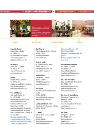 ❙❚ ❙ ❙ ❙ ❙ ❙ ❙ ❙ ❙                      ALOJAMIENTOS Y TURISMO DE REUNIONES                       85     HÉBERGEMENT ET REUNIONS TOURISTIQUES      




                                                          Espacios rurales tradicionales
                                                          La Joyería es unayde las señas
                                                          adaptados a más
                                                          de identidad las comodidades
                                                          del siglo XXI.
                                                          internacionales de Sevilla.
                                                          Zones rurales et traditionnelles
                                                          La Joyería es una de las señas
                                                          adaptées aux commodités du
                                                          de identidad más
                                                          XXIe siècle.
                                                          internacionales de Sevilla.




                        Sevilla                           Dos Hermanas                           Sanlúcar la Mayor                       Carmona



                     Emperador Trajano                           Gran Hotel Lar                                Habitaciones/Chambres: 101
                     José Laguillo, 8. Sevilla                   Plaza de Carmen Benítez, 3. Sevilla           Plazas/Capacité: 200
                     Tel: 954 411 111                            Tel: 954 410 361                              Reuniones: cinco salones (total: 500
                     trajano@hoteles-catalonia.es                larhotel@interbook.net                        plazas)
                     www.hoteles-catalonia.es                    www.larhotel.com                              Réunions: cinq salles (total: 500
                     Habitaciones/Chambres: 76                                                                 personnes)
                                                                 Hesperia Sevilla
                     Fernando III                                Av. Eduardo Dato, 49. Sevilla                 La Taberna del Alabardero
                     C/ San José, 21. Sevilla                    Tel: 954 548 300                              C/ Zaragoza, 20. Sevilla
                     Tel: 954 217 307                            hotel@hesperia-sevilla.com                    Tel: 954 502 721
                     reservas@fernando3.com                      www.hoteles-hesperia.es                       hotel.alabardero@esh.es
                     www.fernando3.com                                                                         www.tabernadelalabardero.com
                                                                 Hotel Inglaterra                              Habitaciones/Chambres: 7
                     Giralda                                     Plaza Nueva, 7. Sevilla
                     C/ Sierra Nevada, 3. Sevilla                Tel: 954 224 970                              Las Casas de la Judería
                     Tel: 954 416 661                            hotin@hotelinglaterra.es                      Plaza Santa María la Blanca. Sevilla
                     giralda.reservas@hoteles-catalonia          www.hotelinglaterra.es                        Tel: 954 415 150
                     www.hoteles-catalonia.es                                                                  juderia@casasypalacios.com
                     Habitaciones/Chambres: 110                  Isla Cartuja                                  www.casasypalacios.com
                                                                 Isla de la Cartuja. Estadio Olímpico.         Habitaciones/Chambres: 97
                     Gran Hotel Solucar                          Sevilla
                     Ctra. Sevilla-Huelva, s/n                   Tel: 954 081 700                              Las Casas del Rey de Baeza
                     Tel: 955 703 408                            reservas@hotelislacartuja.com                 C/Santiago / Plaza Jesús de la
                     reservasr@granhotelsolucar.com              www.hotelislacartuja.com                      Redención. Sevilla
                     www.granhotelsolucar.com                                                                  Tel: 954 561 496
                     Habitaciones/Chambres: 149                  Las Casas del Rey de Baeza                    lascasasdelreydebaeza@hospes.es
                     Plazas/Capacité: 390                        Plaza Jesús de la Redención, 2. Sevilla       www.hospes.es
                     Reuniones: doce salas. Deportes de          Tel: 954 561 496                              Habitaciones/Chambres: 44
                     aventura, exhibiciones de caballos,
                     rutas y paseos en barco, a caballo, en      La Motilla                                    Los Seises
                     4x4 y en globo                              Autovía Sevilla-Cádiz, km.8. Dos              C/ Segovias, 6. Sevilla
                     Réunions: douze salles. Sport               Hermanas                                      Tel: 954 229 495
                     d’aventure, exhibitions de chevaux,         Tel: 955 666 816                              losseises@husa.es
                     excursions et promenades en bateau,         reservas@hotellamotilla.com                   www.husa.es
                     à cheval, en 4x4 et en ballon.              www.hotellamotilla.com                        Habitaciones/Chambres: 42
 