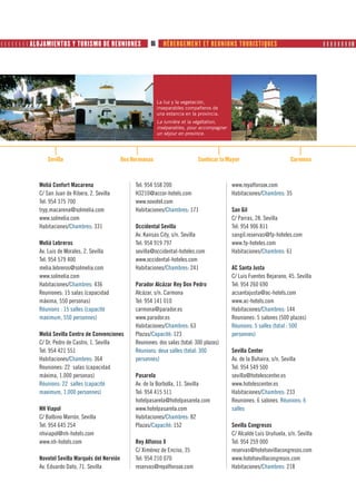        ALOJAMIENTOS Y TURISMO DE REUNIONES             86      HÉBERGEMENT ET REUNIONS TOURISTIQUES                                       ❙ ❙ ❙ ❙ ❙ ❙ ❙ ❙❚




                                                                     La luz Joyería es una de las señas
                                                                        La y la vegetación,
                                                                        de identidad más
                                                                     inseparables compañeros de
                                                                        internacionales de Sevilla.
                                                                     una estancia en la provincia.
                                                                     La lumière et es végétation, señas
                                                                        La Joyería la una de las
                                                                        de identidad más
                                                                     inséparables, pour accompagner
                                                                     un internacionales de Sevilla.
                                                                        séjour en province.




                 Sevilla                            Dos Hermanas                        Sanlúcar la Mayor                            Carmona



              Meliá Confort Macarena                     Tel: 954 558 200                                 www.reyalfonsox.com
              C/ San Juan de Ribera, 2. Sevilla          H3210@accor-hotels.com                           Habitaciones/Chambres: 35
              Tel: 954 375 700                           www.novotel.com
              tryp.macarena@solmelia.com                 Habitaciones/Chambres: 171                       San Gil
              www.solmelia.com                                                                            C/ Parras, 28. Sevilla
              Habitaciones/Chambres: 331                 Occidental Sevilla                               Tel: 954 906 811
                                                         Av. Kansas City, s/n. Sevilla                    sangil.reservas@fp-hoteles.com
              Meliá Lebreros                             Tel: 954 919 797                                 www.fp-hoteles.com
              Av. Luis de Morales, 2. Sevilla            sevilla@occidental-hoteles.com                   Habitaciones/Chambres: 61
              Tel: 954 579 400                           www.occidental-hoteles.com
              melia.lebreros@solmelia.com                Habitaciones/Chambres: 241                       AC Santa Justa
              www.solmelia.com                                                                            C/ Luis Fuentes Bejarano, 45. Sevilla
              Habitaciones/Chambres: 436                 Parador Alcázar Rey Don Pedro                    Tel: 954 260 690
              Reuniones: 15 salas (capacidad             Alcázar, s/n. Carmona                            acsantajusta@ac-hotels.com
              máxima, 550 personas)                      Tel: 954 141 010                                 www.ac-hotels.com
              Réunions : 15 salles (capacité             carmona@parador.es                               Habitaciones/Chambres: 144
              maximum, 550 personnes)                    www.parador.es                                   Reuniones: 5 salones (500 plazas)
                                                         Habitaciones/Chambres: 63                        Réunions: 5 salles (total : 500
              Meliá Sevilla Centro de Convenciones       Plazas/Capacité: 123                             personnes)
              C/ Dr. Pedro de Castro, 1. Sevilla         Reuniones: dos salas (total: 300 plazas)
              Tel: 954 421 551                           Réunions: deux salles (total: 300                Sevilla Center
              Habitaciones/Chambres: 364                 personnes)                                       Av. de la Buhaira, s/n. Sevilla
              Reuniones: 22 salas (capacidad                                                              Tel: 954 549 500
              máxima, 1.000 personas)                    Pasarela                                         sevilla@hotelescenter.es
              Réunions: 22 salles (capacité              Av. de la Borbolla, 11. Sevilla                  www.hotelescenter.es
              maximum, 1.000 personnes)                  Tel: 954 415 511                                 Habitaciones/Chambres: 233
                                                         hotelpasarela@hotelpasarela.com                  Reuniones: 6 salones. Réunions: 6
              NH Viapol                                  www.hotelpasarela.com                            salles
              C/ Balbino Marrón. Sevilla                 Habitaciones/Chambres: 82
              Tel: 954 645 254                           Plazas/Capacité: 152                             Sevilla Congresos
              nhviapol@nh-hotels.com                                                                      C/ Alcalde Luis Uruñuela, s/n. Sevilla
              www.nh-hotels.com                          Rey Alfonso X                                    Tel: 954 259 000
                                                         C/ Ximénez de Enciso, 35                         reservas@hotelsevillacongresos.com
              Novotel Sevilla Marqués del Nervión        Tel: 954 210 070                                 www.hotelsevillacongresos.com
              Av. Eduardo Dato, 71. Sevilla              reservas@reyalfonsox.com                         Habitaciones/Chambres: 218
 