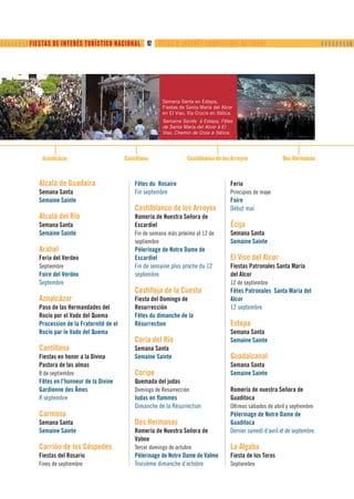         FIESTAS DE INTERÉS TURÍSTICO NACIONAL      92   FÊTES D’INTÉRÊT TOURISTIQUE NATIONAL                                        ❙ ❙ ❙ ❙ ❙ ❙ ❙ ❙❚




                                                                  Semana Santa en Estepa,
                                                                  Fiestas de Santa María del Alcor
                                                                  en El Viso, Via Crucis en Itálica.
                                                                  Semaine Sainte à Estepa, Fêtes
                                                                  de Santa María del Alcor à El
                                                                  Viso, Chemin de Croix à Itálica.




               Aznalcázar                         Cantillana                  Castiblanco de los Arroyos                  Dos Hermanas



              Alcalá de Guadaíra                      Fêtes du Rosaire                             Feria
              Semana Santa                            Fin septembre                                Principios de mayo
              Semaine Sainte                                                                       Foire
                                                      Castilblanco de los Arroyos                  Début mai
              Alcalá del Río                          Romería de Nuestra Señora de
              Semana Santa                            Escardiel                                    Écija
              Semaine Sainte                          Fin de semana más próximo al 12 de           Semana Santa
                                                      septiembre                                   Semaine Sainte
              Arahal                                  Pèlerinage de Notre Dame de
              Feria del Verdeo                        Escardiel                                    El Viso del Alcor
              Septiembre                              Fin de semaine plus proche du 12             Fiestas Patronales Santa María
              Foire del Verdeo                        septembre                                    del Alcor
              Septembre                                                                            12 de septiembre
                                                      Castilleja de la Cuesta                      Fêtes Patronales Santa María del
              Aznalcázar                              Fiesta del Domingo de                        Alcor
              Paso de las Hermandades del             Resurrección                                 12 septembre
              Rocío por el Vado del Quema             Fêtes du dimanche de la
              Procession de la Fraternité de el       Résurrection                                 Estepa
              Rocío par le Vado del Quema                                                          Semana Santa
                                                      Coria del Río                                Semaine Sainte
              Cantillana                              Semana Santa
              Fiestas en honor a la Divina            Semaine Sainte                               Guadalcanal
              Pastora de las almas                                                                 Semana Santa
              8 de septiembre                         Coripe                                       Semaine Sainte
              Fêtes en l’honneur de la Divine         Quemada del judas
              Gardienne des Âmes                      Domingo de Resurrección                      Romería de nuestra Señora de
              8 septembre                             Judas en flammes                             Guaditoca
                                                      Dimanche de la Résurrection                  Últimos sábados de abril y septiembre
              Carmona                                                                              Pèlerinage de Notre Dame de
              Semana Santa                            Dos Hermanas                                 Guaditoca
              Semaine Sainte                          Romería de Nuestra Señora de                 Dernier samedi d’avril et de septembre
                                                      Valme
              Carrión de los Céspedes                 Tercer domingo de octubre                    La Algaba
              Fiestas del Rosario                     Pèlerinage de Notre Dame de Valme            Fiesta de los Toros
              Fines de septiembre                     Troisième dimanche d’octobre                 Septiembre
 