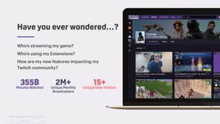 TwitchCon 2018 San Jose, California
Who’s streaming my game?
Who’s using my Extensions?
How are my new features impacting my
Twitch community?
355BMinutes Watched
2M+Unique Monthly
Broadcasters
Have you ever wondered…?
15+Unique Daily Visitors
 