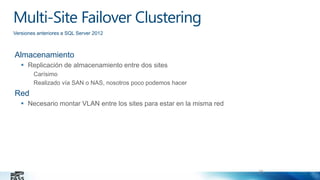 Multi-Site Failover Clustering
Versiones anteriores a SQL Server 2012

Almacenamiento
 Replicación de almacenamiento entre dos sites
Carísimo
Realizado vía SAN o NAS, nosotros poco podemos hacer

Red
 Necesario montar VLAN entre los sites para estar en la misma red

25

 