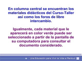 En columna central se encuentran los materiales didácticos del Curso-Taller así como los foros de libre intercambio. Igualmente, cada material que le aparecerá en color verde puede ser seleccionado a partir de la pantalla de su computadora para consultar el documento considerado. 