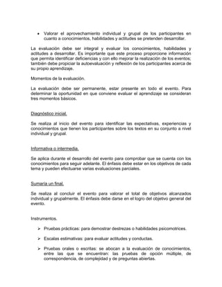 Valorar el aprovechamiento individual y grupal de los participantes en
       cuanto a conocimientos, habilidades y actitudes se pretenden desarrollar.

La evaluación debe ser integral y evaluar los conocimientos, habilidades y
actitudes a desarrollar. Es importante que este proceso proporcione información
que permita identificar deficiencias y con ello mejorar la realización de los eventos;
también debe propiciar la autoevaluación y reflexión de los participantes acerca de
su propio aprendizaje.

Momentos de la evaluación.

La evaluación debe ser permanente, estar presente en todo el evento. Para
determinar la oportunidad en que conviene evaluar el aprendizaje se consideran
tres momentos básicos.


Diagnóstico inicial.

Se realiza al inicio del evento para identificar las expectativas, experiencias y
conocimientos que tienen los participantes sobre los textos en su conjunto a nivel
individual y grupal.


Informativa o intermedia.

Se aplica durante el desarrollo del evento para comprobar que se cuenta con los
conocimientos para seguir adelante. El énfasis debe estar en los objetivos de cada
tema y pueden efectuarse varias evaluaciones parciales.


Sumaría un final.

Se realiza al concluir el evento para valorar el total de objetivos alcanzados
individual y grupalmente. El énfasis debe darse en el logro del objetivo general del
evento.


Instrumentos.

    Pruebas prácticas: para demostrar destrezas o habilidades psicomotrices.

    Escalas estimativas: para evaluar actitudes y conductas.

    Pruebas orales o escritas: se abocan a la evaluación de conocimientos,
     entre las que se encuentran: las pruebas de opción múltiple, de
     correspondencia, de complejidad y de preguntas abiertas.
 