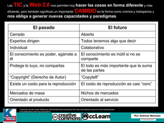 Las   TIC   y la   Web 2.0   nos permiten hoy  hacer las cosas en forma diferente  y más eficiente, pero también significan un importante   CAMBIO   en la forma como vivimos y trabajamos y  nos obliga a generar nuevas capacidades y paradigmas . Traducido de http://www.slideshare.net/andreasmeiszner/beyond-the-open-educational-resource-move-towards-open-and-participatory-learning-ecosystems El pasado El futuro Cerrado Abierto Expertos dirigen Todos tenemos algo que decir Individual  Colaborativo  El conocimiento es poder, agárrate a él El conocimiento es inútil si no se comparte Protege lo tuyo, no compartas El todo es más importante que la suma de las partes “ Copyright” (Derecho de Autor) “ Copyleft”  Existe un costo para la reproducción El costo de reproducción es casi “cero” Mercados de masa Nichos de mercados Orientado al producto Orientado al servicio 