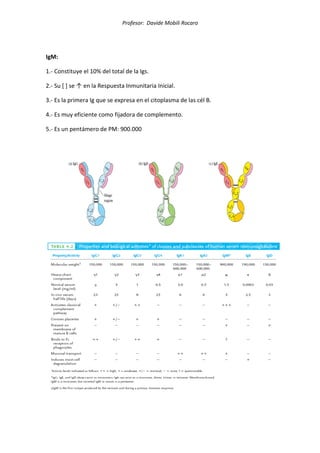 Profesor: Davide Mobili Rocaro
IgM:
1.- Constituye el 10% del total de la Igs.
2.- Su [ ] se ↑ en la Respuesta Inmunitaria Inicial.
3.- Es la primera Ig que se expresa en el citoplasma de las cél B.
4.- Es muy eficiente como fijadora de complemento.
5.- Es un pentámero de PM: 900.000
 