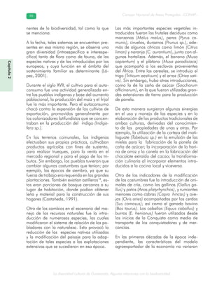La diversidad cultural de Guatemala. Algunas relaciones con la biodiversidad
Consejo Nacional de Áreas Protegidas –CONAP–9898
Capítulo2
nentes de la biodiversidad, tal como la que
se menciona.
A la fecha, tales sistemas se encuentran pre-
sentes en esa misma región, se observa una
gran diversidad (intraespecífica e interespe-
cífica) tanto de flora como de fauna, de las
especies nativas y de las introducidas por los
europeos, y cuya función en el ámbito del
sostenimiento familiar es determinante (Ló-
pez, 2001).
Durante el siglo XVII, el cultivo para el auto-
consumo fue una actividad generalizada en-
tre los pueblos indígenas y base del aumento
poblacional, la producción del maíz y el frijol
fue la más importante. Pero el autoconsumo
chocó contra la expansión de los cultivos de
exportación, promovidos generalmente por
los colonizadores latifundistas que se concen-
traban en la producción del índigo (Indigo-
fera sp.).
En los terrenos comunales, los indígenas
efectuaban sus propias prácticas, cultivaban
productos agrícolas con fines de sustento,
para realizar trueques, para la venta en el
mercado regional y para el pago de los tri-
butos. Sin embargo, los pueblos tuvieron que
cambiar algunas costumbres que tenían; por
ejemplo, las épocas de siembra, ya que su
fuerza de trabajo era requerida en las grandes
plantaciones. También existían astilleros19
, es-
tos eran porciones de bosque cercanas a su
lugar de habitación, donde podían obtener
leña y material para la construcción de sus
hogares (Castañeda, 1991).
Otro de los cambios en el escenario del ma-
nejo de los recursos naturales fue la intro-
ducción de numerosas especies, las cuales
modificaron el sistema de relación de los po-
bladores con la naturaleza. Esto provocó la
reducción de las especies nativas utilizadas
y la modificación del paisaje para la adap-
tación de tales especies a las explotaciones
extensivas que se sucedieron en esa época.
Las más importantes especies vegetales in-
troducidas fueron los frutales deciduos como
manzanas (Malus malus), peras (Pyrus co-
munis), ciruelos, duraznos (Prunus sp.), ade-
más de algunos cítricos como limón (Citrus
limon) y naranja (C. aurantium), junto con al-
gunas hortalizas. Además, el banano (Musa
sapientum) y el plátano (Musa paradisiaca)
que acompañó a los esclavos provenientes
del África. Entre los cereales, se introdujo el
trigo (Triticum aestivum) y el arroz (Oriza sati-
va). Sin embargo, hubo otras introducciones,
como la de la caña de azúcar (Saccharum
officinarum), en la que fueron utilizadas gran-
des extensiones de tierra para la producción
de panela.
De esta manera surgieron algunas sinergias
en el uso y manejo de las especies y en la
elaboración de los productos tradicionales de
ambas culturas, derivadas del conocimien-
to de las propiedades de unas y otras. Por
ejemplo, la utilización de la corteza del mati-
lisguate (Tabebuia sp.) en la emulsión de las
mieles para la fabricación de la panela de
caña de azúcar; la incorporación de la hari-
na de arroz y la canela en la fabricación del
chocolate extraído del cacao; la transforma-
ción culinaria al incorporar elementos intro-
ducidos a la cocina local y viceversa.
Otro de los indicadores de la modificación
de las costumbres fue la introducción de ani-
males de cría, como las gallinas (Gallus ga-
llus) y patos (Anas platyrhynchos), y rumiantes
menores como cabras (Capra hincas) y ove-
jas (Ovis aries) acompañadas por los cerdos
(Sus comosus); así como el ganado bovino
(Bos taurus). Los caballos (Equus caballus) y
burros (E. henionus) fueron utilizados desde
los inicios de la Conquista como medio de
transporte de los conquistadores y de mer-
cancías.
En las primeras décadas de la época inde-
pendiente, las características del modelo
agroexportador de la economía no variaron
 