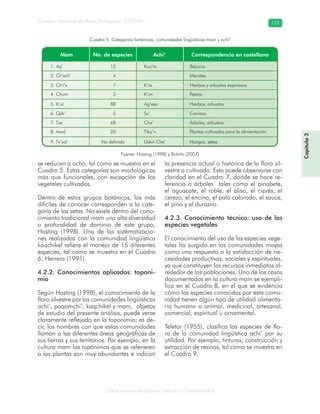 Conocimiento tradicional colectivo y biodiversidad
Consejo Nacional de Áreas Protegidas –CONAP– 133
Capítulo3
se reducen a ocho, tal como se muestra en el
Cuadro 5. Estas categorías son morfológicas
más que funcionales, con excepción de los
vegetales cultivados.
Dentro de estos grupos botánicos, los más
difíciles de conocer corresponden a la cate-
goría de las setas. No existe dentro del cono-
cimiento tradicional mam una alta diversidad
o profundidad de dominio de este grupo,
Hosting (1998). Una de las sistematizacio-
nes realizadas con la comunidad lingüística
kaqchikel refiere el manejo de 15 diferentes
especies, tal como se muestra en el Cuadro
6, Herrera (1991).
4.2.2. Conocimientos aplicados: toponi-
mia
Según Hosting (1998), el conocimiento de la
flora silvestre por las comunidades lingüísticas
achi’, poqomchi’, kaqchikel y mam, objetos
de estudio del presente análisis, puede verse
claramente reflejado en la toponimia; es de-
cir, los nombres con que estas comunidades
llaman a las diferentes áreas geográficas de
sus tierras y sus territorios. Por ejemplo, en la
cultura mam los topónimos que se referieren
a las plantas son muy abundantes e indican
la presencia actual o histórica de la flora sil-
vestre o cultivada. Esto puede observarse con
claridad en el Cuadro 7, donde se hace re-
ferencia a árboles tales como el pinabete,
el aguacate, el roble, el aliso, el ciprés, el
cerezo, el encino, el palo colorado, el sauce,
el pino y el durazno.
4.2.3. Conocimiento técnico: uso de las
especies vegetales
El conocimiento del uso de las especies vege-
tales ha surgido en las comunidades mayas
como una respuesta a la satisfacción de ne-
cesidades productivas, sociales y espirituales,
ya que constituyen los recursos inmediatos al-
rededor de las poblaciones. Uno de los casos
documentados en la cultura mam se ejempli-
fica en el Cuadro 8, en el que se evidencia
cómo las especies conocidas por esta comu-
nidad tienen algún tipo de utilidad alimenta-
ria humana o animal, medicinal, artesanal,
comercial, espiritual u ornamental.
Teletor (1955), clasifica las especies de flo-
ra de la comunidad lingüística achi’ por su
utilidad. Por ejemplo, tinturas, construcción y
extracción de resinas, tal como se muestra en
el Cuadro 9.
Cuadro 5. Categorías botánicas, comunidades lingüísticas mam y achi’
Fuente: Hosting (1998) y Bolvito (2007)
 