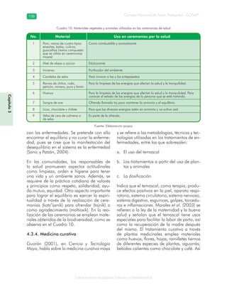 Conocimiento tradicional colectivo y biodiversidad
Consejo Nacional de Áreas Protegidas –CONAP–138138
Capítulo3
can las enfermedades. Se pretende con ello
encontrar el equilibrio y no curar la enferme-
dad, pues se cree que la manifestación del
desequilibrio en el sistema es la enfermedad
(Sanic y Patzán, 2004).
En las comunidades, los responsables de
la salud promueven aspectos actitudinales
como limpieza, orden e higiene para tener
una vida y un ambiente sanos. Además, se
requiere de la práctica cotidiana de valores
y principios como respeto, solidaridad, ayu-
da mutua, equidad. Otro aspecto importante
para lograr el equilibrio es ejercer la espiri-
tualidad a través de la realización de cere-
monias (kotz’ijanik) para ofrendar (tojnik) o
como agradecimiento (maltioxik). En la rea-
lización de las ceremonias se emplean mate-
riales obtenidos de la biodiversidad, como se
observa en el Cuadro 10.
4.3.4. Medicina curativa
Guorón (2001), en Ciencia y Tecnología
Maya, habla sobre la medicina curativa maya
y se refiere a las metodologías, técnicas y tec-
nologías utilizadas en los tratamientos de en-
fermedades, entre las que sobresalen:
El uso del temascala.
Los tratamientos a partir del uso de plan-b.
tas y animales
La dosificaciónc.
Indica que el temascal, como terapia, produ-
ce efectos positivos en la piel, aparato respi-
ratorio, sistema circulatorio, sistema nervioso,
sistema digestivo, esguinces, golpes, torcedu-
ras e inflamaciones. Morales et al. (2003) se
refieren a la ley de la maternidad y la buena
salud y señalan que el temascal tiene usos
especiales para facilitar la labor de parto, así
como la recuperación de la madre después
del mismo. El tratamiento curativo a través
de plantas medicinales emplea materiales
como huevos, flores, hojas, ramilletes tiernos
de diferentes especies de plantas, aguarrás;
bebidas calientes como chocolate y café. Así
Cuadro 10. Materiales vegetales y animales utilizados en las ceremonias de salud
Fuente: Elaboración propia
 
