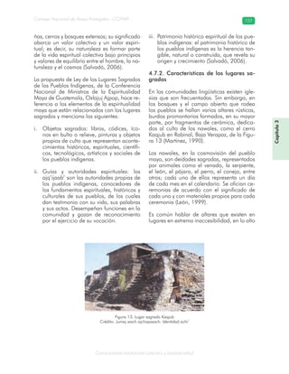 Conocimiento tradicional colectivo y biodiversidad
Consejo Nacional de Áreas Protegidas –CONAP– 157
Capítulo3
ñas, cerros y bosques extensos; su significado
abarca un valor colectivo y un valor espiri-
tual; es decir, su naturaleza es formar parte
de la vida espiritual colectiva bajo principios
y valores de equilibrio entre el hombre, la na-
turaleza y el cosmos (Salvadó, 2006).
La propuesta de Ley de los Lugares Sagrados
de los Pueblos Indígenas, de la Conferencia
Nacional de Ministros de la Espiritualidad
Maya de Guatemala, Oxlajuj Ajpop, hace re-
ferencia a los elementos de la espiritualidad
maya que están relacionados con los lugares
sagrados y menciona los siguientes:
Objetos sagrados: libros, códices, íco-i.
nos en bulto o relieve, pinturas y objetos
propios de culto que representan aconte-
cimientos históricos, espirituales, científi-
cos, tecnológicos, artísticos y sociales de
los pueblos indígenas.
Guías y autoridades espirituales: losii.
ajq’ijaab’ son las autoridades propias de
los pueblos indígenas, conocedores de
los fundamentos espirituales, históricos y
culturales de sus pueblos, de los cuales
dan testimonio con su vida, sus palabras
y sus actos. Desempeñan funciones en la
comunidad y gozan de reconocimiento
por el ejercicio de su vocación.
Patrimonio histórico espiritual de los pue-iii.
blos indígenas: el patrimonio histórico de
los pueblos indígenas es la herencia tan-
gible, natural o construida, que revela su
origen y crecimiento (Salvadó, 2006).
4.7.2. Características de los lugares sa-
grados
En las comunidades lingüísticas existen igle-
sias que son frecuentadas. Sin embargo, en
los bosques y el campo abierto que rodea
los pueblos se hallan varios altares rústicos,
burdos promontorios formados, en su mayor
parte, por fragmentos de cerámica, dedica-
dos al culto de los nawales, como el cerro
Kaqjub en Rabinal, Baja Verapaz, de la Figu-
ra 13 (Martínez, 1990).
Los nawales, en la cosmovisión del pueblo
maya, son deidades sagradas, representados
por animales como el venado, la serpiente,
el león, el pájaro, el perro, el conejo, entre
otros; cada uno de ellos representa un día
de cada mes en el calendario. Se ofician ce-
remonias de acuerdo con el significado de
cada uno y con materiales propios para cada
ceremonia (León, 1999).
Es común hablar de altares que existen en
lugares en extrema inaccesibilidad, en lo alto
Figura 13. Lugar sagrado Kaqjub
Crédito: Jumaj wach ajchiqawach. Identidad achi’
 