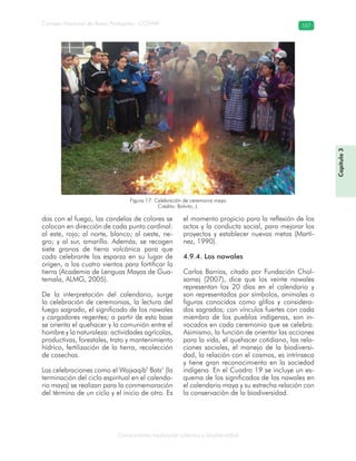 Conocimiento tradicional colectivo y biodiversidad
Consejo Nacional de Áreas Protegidas –CONAP– 167
das con el fuego, las candelas de colores se
colocan en dirección de cada punto cardinal:
al este, rojo; al norte, blanco; al oeste, ne-
gro; y al sur, amarillo. Además, se recogen
siete granos de tierra volcánica para que
cada celebrante los esparza en su lugar de
origen, a los cuatro vientos para fortificar la
tierra (Academia de Lenguas Mayas de Gua-
temala, ALMG, 2005).
De la interpretación del calendario, surge
la celebración de ceremonias, la lectura del
fuego sagrado, el significado de los nawales
y cargadores regentes; a partir de esta base
se orienta el quehacer y la comunión entre el
hombre y la naturaleza: actividades agrícolas,
productivas, forestales, trato y mantenimiento
hídrico, fertilización de la tierra, recolección
de cosechas.
Las celebraciones como el Wajxaqib’ Batz’ (la
terminación del ciclo espiritual en el calenda-
rio maya) se realizan para la conmemoración
del término de un ciclo y el inicio de otro. Es
el momento propicio para la reflexión de los
actos y la conducta social, para mejorar los
proyectos y establecer nuevas metas (Martí-
nez, 1990).
4.9.4. Los nawales
Carlos Barrios, citado por Fundación Chol-
samaj (2007), dice que los veinte nawales
representan los 20 días en el calendario y
son representados por símbolos, animales o
figuras conocidos como glifos y considera-
dos sagrados; con vínculos fuertes con cada
miembro de los pueblos indígenas, son in-
vocados en cada ceremonia que se celebra.
Asimismo, la función de orientar las acciones
para la vida, el quehacer cotidiano, las rela-
ciones sociales, el manejo de la biodiversi-
dad, la relación con el cosmos, es intrínseca
y tiene gran reconocimiento en la sociedad
indígena. En el Cuadro 19 se incluye un es-
quema de los significados de los nawales en
el calendario maya y su estrecha relación con
la conservación de la biodiversidad.
Figura 17. Celebración de ceremonia maya
Crédito: Bolvito, J.
Capítulo3
 