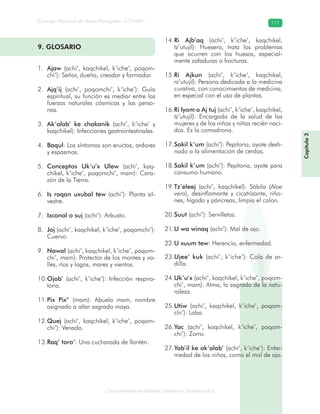 Conocimiento tradicional colectivo y biodiversidad
Consejo Nacional de Áreas Protegidas –CONAP– 177
9. GLOSARIO
Ajaw1. (achi’, kaqchikel, k’iche’, poqom-
chi’): Señor, dueño, creador y formador.
Ajq’ij2. (achi’, poqomchi’, k’iche’): Guía
espiritual, su función es mediar entre las
fuerzas naturales cósmicas y las perso-
nas.
Ak’alab’ ke chakanik3. (achi’, k’iche’ y
kaqchikel): Infecciones gastrointestinales.
Baqul4. : Los síntomas son eructos, ardores
y espasmos.
Conceptos Uk’u’x Ulew5. (achi’, kaq-
chikel, k’iche’, poqomchi’, mam): Cora-
zón de la Tierra.
Is raqan uxubal tew6. (achi’): Planta sil-
vestre.
Ixcanal o suj7. (achi’): Arbusto.
Joj8. (achi’, kaqchikel, k’iche’, poqomchi’):
Cuervo.
Nawal9. (achi’, kaqchikel, k’iche’, poqom-
chi’, mam): Protector de los montes y va-
lles, ríos y lagos, mares y vientos.
Ojob’10. (achi’, k’iche’): Infección respira-
toria.
Pix Pix”11. (mam): Abuela mam, nombre
asignado a altar sagrado maya.
Quej12. (achi’, kaqchikel, k’iche’, poqom-
chi’): Venado.
Raq’ toro’13. : Una cucharada de llantén.
Ri Ajb’aq14. (achi’, k’iche’, kaqchikel,
tz’utujil): Huesero, trata los problemas
que ocurren con los huesos, especial-
mente zafaduras o fracturas.
Ri Ajkun15. (achi’, k’iche’, kaqchikel,
rz’utujil): Persona dedicada a la medicina
curativa, con conocimientos de medicina,
en especial con el uso de plantas.
Ri Iyom o Aj tuj16. (achi’, k’iche’, kaqchikel,
tz’utujil): Encargada de la salud de las
mujeres y de los niños y niñas recién naci-
dos. Es la comadrona.
Sakil k’um17. (achi’): Pepitoria, ayote desti-
nado a la alimentación de cerdos.
Sakil k’um18. (achi’): Pepitoria, ayote para
consumo humano.
Tz’eleej19. (achi’, kaqchikel): Sábila (Aloe
vera), desinflamante y cicatrizante, riño-
nes, hígado y páncreas, limpia el colon.
Suut20. (achi’): Servilletas.
U wa winaq21. (achi’): Mal de ojo.
U xuum tew22. : Herencia, enfermedad.
Ujee’ kuk23. (achi’, k’iche’): Cola de ar-
dilla.
Uk’u’x24. (achi’, kaqchikel, k’iche’, poqom-
chi’, mam): Alma, lo sagrado de la natu-
raleza.
Utiw25. (achi’, kaqchikel, k’iche’, poqom-
chi’): Lobo.
Yac26. (achi’, kaqchikel, k’iche’, poqom-
chi’): Zorro.
Yab’il ke ak’alab’27. (achi’, k’iche’): Enfer-
medad de los niños, como el mal de ojo.
Capítulo3
 
