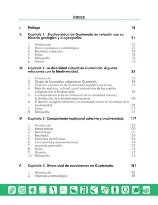Prólogo 15I.
Capítulo 1. Biodiversidad de Guatemala en relación con suII.
historia geológica y biogeografía. 21
Introducción 231.
Marco conceptual y metodológico 232.
Resultados y discusión 243.
Notas 384.
Bibliografía 395.
Anexos 486.
Capítulo 2.III. La diversidad cultural de Guatemala. Algunas
relaciones con la biodiversidad. 55
Introducción 581.
Origen de los pueblos indígenas en Guatemala 592.
Situación y tendencias de la diversidad lingüística en el país 753.
Relación espiritual, cultural, social y económica de los pueblos4.
indígenas con la biodiversidad 87
Correspondencia entre la distribución de la diversidad cultural y5.
la distribución de la biodiversidad existente 100
El derecho indígena ambiental y la diversidad cultural en el manejo de la6.
biodiversidad 101
Notas 1107.
Bibliografía 1118.
Capítulo 3.IV. Conocimiento tradicional colectivo y biodiversidad. 117
Introducción 1201.
Marco teórico 1202.
Metodología 1233.
Resultados 1244.
Elementos identificados 1685.
Conclusiones y recomendaciones 1746.
Lecciones aprendidas 1757.
Notas 1768.
Glosario 1779.
Bibliografía 17810.
Capítulo 4.V. Diversidad de ecosistemas en Guatemala. 181
Introducción 1851.
Objetivos y metodología 1862.
ÍNDICE
 