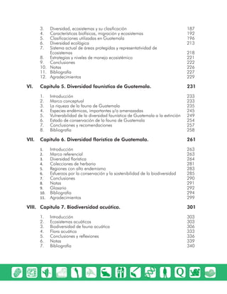 Diversidad, ecosistemas y su clasificación 1873.
Características biofísicas, migración y ecosistemas 1924.
Clasificaciones utilizadas en Guatemala 1965.
Diversidad ecológica 2136.
Sistema actual de áreas protegidas y representatividad de7.
Ecosistemas 218
Estrategias y niveles de manejo ecosistémico 2218.
Conclusiones 2229.
Notas 22610.
Bibliografía 22711.
Agradecimientos 22912.
Capítulo 5.VI. Diversidad faunística de Guatemala. 231
Introducción 2331.
Marco conceptual 2332.
La riqueza de la fauna de Guatemala 2353.
Especies endémicas, importantes y/o amenazadas 2454.
Vulnerabilidad de la diversidad faunística de Guatemala a la extinción 2495.
Estado de conservación de la fauna de Guatemala 2546.
Conclusiones y recomendaciones 2577.
Bibliografía 2588.
Capítulo 6.VII. Diversidad florística de Guatemala. 261
Introducción 2631.
Marco referencial 2632.
Diversidad florística 2643.
Colecciones de herbario 2814.
Regiones con alto endemismo 2835.
Esfuerzos por la conservación y la sostenibilidad de la biodiversidad 2856.
Conclusiones 2907.
Notas 2918.
Glosario 2929.
Bibliografía 29410.
Agradecimientos 29911.
Capítulo 7. Biodiversidad acuática. 301VIII.
Introducción 3031.
Ecosistemas acuáticos 3032.
Biodiversidad de fauna acuática 3063.
Flora acuática 3334.
Conclusiones y reflexiones 3365.
Notas 3396.
Bibliografía 3407.
 