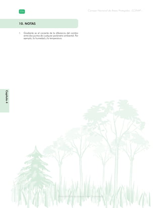 Diversidad de ecosistemas en Guatemala
Consejo Nacional de Áreas Protegidas –CONAP–226226
eemm aale mac eGe ac mGne Gn Gsi emGaseem ais a laaee dD ecd e maasdd div sid deders seda cosDi stee ed d atGua m aate lama
Capítulo4
Gradiente es el cociente de la diferencia del cambio1.
entre dos puntos de cualquier parámetro ambiental. Por
ejemplo, la humedad y la temperatura.
10. NOTAS
 