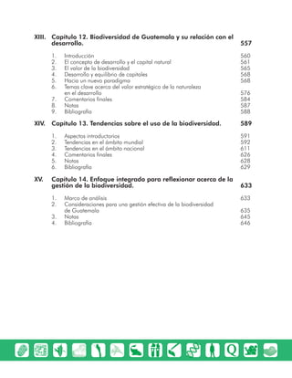 Capítulo 12.XIII. Biodiversidad de Guatemala y su relación con el
desarrollo. 557
Introducción 5601.
El concepto de desarrollo y el capital natural 5612.
El valor de la biodiversidad 5653.
Desarrollo y equilibrio de capitales 5684.
Hacia un nuevo paradigma 5685.
Temas clave acerca del valor estratégico de la naturaleza6.
en el desarrollo 576
Comentarios finales 5847.
Notas 5878.
Bibliografía 5889.
Capítulo 13.XIV. Tendencias sobre el uso de la biodiversidad. 589
Aspectos introductorios 5911.
Tendencias en el ámbito mundial 5922.
Tendencias en el ámbito nacional 6113.
Comentarios finales 6264.
Notas 6285.
Bibliografía 6296.
Capítulo 14.XV. Enfoque integrado para reflexionar acerca de la
gestión de la biodiversidad. 633
Marco de análisis 6331.
Consideraciones para una gestión efectiva de la biodiversidad2.
de Guatemala 635
Notas 6453.
Bibliografía 6464.
 