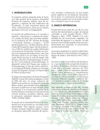Diversidad florística de Guatemala
Consejo Nacional de Áreas Protegidas –CONAP– 263
lamalaatemaladeca
Capítulo6
1. INTRODUCCIÓN
El presente capítulo pretende darle al lector
una idea general de la riqueza y diversidad
florística de especies, hábitos, tipos de ve-
getación y regiones de alto endemismo de
Guatemala, un país importante dentro del
istmo centroamericano, tanto por su historia
geológica como por su biogeografía.
La revisión de publicaciones y la consulta a
expertos, colecciones y curadores de herba-
rio y bases de datos han permitido estable-
cer la existencia de 321 familias de plantas
—incluyendo líquenes y hongos—, 2,478
géneros botánicos y 10,364 especies, de las
cuales 823 presentan algún tipo de endemis-
mo y 538 son endémicas y están distribuidas
únicamente en Guatemala. También se cono-
cen ocho regiones de endemismos: cerro San
Gil-sierra Santa Cruz en Izabal, el Arco Hú-
medo Norte (incluye el norte de Izabal, Alta
Verapaz, Quiché y Huehuetenango), la sierra
de los Cuchumatanes (Huehuetenango), la
depresión central de Chiapas que ingresa a
Huehuetenango, el pie de monte volcánico,
la montaña de Xalapán (Jalapa), el monte es-
pinoso (El Progreso, Zacapa y Chiquimula) y
el Trifinio (Chiquimula).
El Sistema Guatemalteco de Áreas Protegidas
(SIGAP) incluye 224 áreas protegidas y cubre
el 32% del país. La mayor cobertura del
SIGAP se encuentra en los departamentos de
Petén e Izabal, pero también tiene otras áreas
de menor superficie en el resto del país. Éstas
contribuyen a la conservación relativa de la
biodiversidad y a la protección del patrimonio
cultural, escénico, recreativo; además, para
la educación ambiental (Secaira y Castro,
1999; CONAP, 2005).
El estudio de la diversidad florística de Gua-
temala aún se encuentra en una etapa poco
desarrollada. Para algunos grupos, como
hongos, líquenes, hepáticas, algas y musgos,
es necesario desarrollar estudios de taxono-
mía, ecología y distribución, ya que existen
pocos registros en los herbarios nacionales.
Por lo tanto, la conservación de este recurso
se complica, puesto que no se puede conser-
var y manejar lo que no se conoce.
2. MARCO REFERENCIAL
Guatemala forma parte de uno de los ocho
centros de biodiversidad y origen de plantas
cultivadas a nivel mundial (Vavilov, 1951;
Vásquez y Véliz, 1999). Debido a la com-
plejidad de las formaciones vegetales, los
ensambles de especies y su riqueza, ha sido
escenario de múltiples expediciones que pau-
latinamente han aportado al conocimiento
de esta biodiversidad.
La primera expedición la realizó la Real Expe-
dición Botánica a Nueva España, dirigida por
Martín de Sessé y José Mociño entre 1787 y
1803.
Durante su viaje hacia el Reino de Guatema-
la —que actualmente comprende Guatema-
la, Belice, El Salvador, Honduras, Nicaragua,
Costa Rica y el estado mexicano de Chia-
pas—, Sessé y Mociño colectaron ejempla-
res de Cactus tetragonus (= Acanthocereus
tetragonus), Cactus ficus-indica (Opuntia fi-
cus-indica), Cactus parasiticus (C. parasiticus
Lamarck) (Rhipsalis cassytha mociniana DC.
= R. baccifera) y Cactus matiari (C. fimbriatus
Mociño & Sessé = Pereskia lychnidiflora).
Más adelante, durante el siglo XIX, muchos
naturalistas colectaron plantas en Guatema-
la. Con frecuencia estas expediciones explo-
raban la flora con fines comerciales e indus-
triales. Entre ellos, se encuentran George Ure
Skinners (1831-1866), Julios von Warsce-
wicz (1834-1839), Jean Jules Linden (1838-
1840), Kart Theodor Hartweg (1839), Her-
man Wendland (1857-1873), Osbert Salvin
& F. Ducan Godman (1857-1874), Gustav
Bernoulli & Richard Cairo (1864-1878), Pa-
dre Heyde & Ernesto Lux (1880), Hans von
 