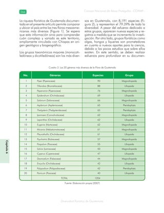 266
Diversidad florística de Guatemala
Consejo Nacional de Áreas Protegidas –CONAP–
Capítulo6
La riqueza florística de Guatemala documen-
tada en el presente artículo permite comparar
y ubicar al país entre las tres floras mesoame-
ricanas más diversas (Figura 1). Se espera
que esta información sirva para comprender
cuán complejo y variado es este territorio,
ampliamente vinculado con Chiapas en ori-
gen geológico y biogeográfico.
Los grupos taxonómicos mayores (monocoti-
ledóneas y dicotiledóneas) son los más diver-
sos en Guatemala, con 8,191 especies (Fi-
gura 2), y representan el 79.39% de toda la
diversidad. A pesar del esfuerzo dedicado a
estos grupos, aparecen nuevas especies y re-
gistros a medida que se incrementa la investi-
gación. Por otro lado, grupos florísticos como
algas, hongos y líquenes son prometedores
en cuanto a nuevos aportes para la ciencia,
debido a los pocos estudios que sobre ellos
existen. En este sentido, se deben realizar
esfuerzos para profundizar en su documen-
Cuadro 3. Los 20 géneros más diversos de la Flora de Guatemala
Fuente: Elaboración propia (2007)
 