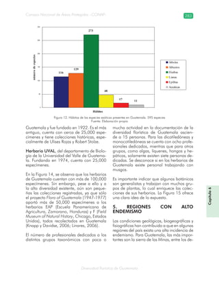 Diversidad florística de Guatemala
Consejo Nacional de Áreas Protegidas –CONAP– 283
Capítulo6
Guatemala y fue fundado en 1922. Es el más
antiguo, cuenta con cerca de 25,000 espe-
címenes y tiene colecciones históricas, espe-
cialmente de Ulises Rojas y Robert Stolze.
Herbario UVAL, del departamento de Biolo-
gía de la Universidad del Valle de Guatema-
la. Fundando en 1974, cuenta con 25,000
especímenes.
En la Figura 14, se observa que los herbarios
de Guatemala cuentan con más de 100,000
especímenes. Sin embargo, pese a ello y a
la alta diversidad existente, aún son peque-
ñas las colecciones registradas, ya que sólo
el proyecto Flora of Guatemala (1947-1977)
aportó más de 50,000 especímenes a los
herbarios EAP (Escuela Panamericana de
Agricultura, Zamorano, Honduras) y F (Field
Museum of Natural History, Chicago, Estados
Unidos), todos recolectados en Guatemala
(Knapp y Davidse, 2006; Linares, 2006).
El número de profesionales dedicados a los
distintos grupos taxonómicos con poca o
mucha actividad en la documentación de la
diversidad florística de Guatemala ascien-
de a 15 personas. Para las dicotiledóneas y
monocotiledóneas se cuenta con ocho profe-
sionales dedicados, mientras que para otros
grupos, como algas, líquenes, hongos y he-
páticas, solamente existen siete personas de-
dicadas. Se desconoce si en los herbarios de
Guatemala existe personal trabajando con
musgos.
Es importante indicar que algunos botánicos
son generalistas y trabajan con muchos gru-
pos de plantas, lo cual enriquece las colec-
ciones de sus herbarios. La Figura 15 ofrece
una clara idea de lo expuesto.
5. REGIONES CON ALTO
ENDEMISMO
Las condiciones geológicas, biogeográficas y
fisiográficas han contribuido a que en algunas
regiones del país exista una alta incidencia de
endemismo. Para Guatemala, las más impor-
tantes son la sierra de las Minas, entre los de-
116
129
273
48
17 11
0
50
100
150
200
250
300
Hábitos
númerodeespecies
Arboles
Arbustos
Hierbas
Lianas
Epífitas
Acuáticas
Figura 12. Hábitos de las especies exóticas presentes en Guatemala. 595 especies
Fuente: Elaboración propia
 
