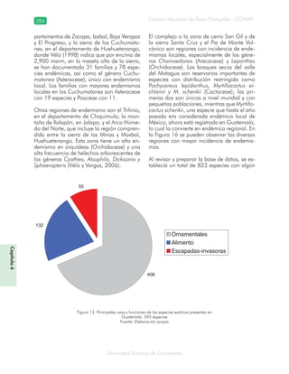 284
Diversidad florística de Guatemala
Consejo Nacional de Áreas Protegidas –CONAP–
Capítulo6
partamentos de Zacapa, Izabal, Baja Verapaz
y El Progreso, y la sierra de los Cuchumata-
nes, en el departamento de Huehuetenango,
donde Véliz (1998) indica que por encima de
2,900 msnm, en la meseta alta de la sierra,
se han documentado 31 familias y 78 espe-
cies endémicas, así como el género Cuchu-
matanea (Asteraceae), único con endemismo
local. Las familias con mayores endemismos
locales en los Cuchumatanes son Asteraceae
con 19 especies y Poaceae con 11.
Otras regiones de endemismo son el Trifinio,
en el departamento de Chiquimula; la mon-
taña de Xalapán, en Jalapa; y el Arco Húme-
do del Norte, que incluye la región compren-
dida entre la sierra de las Minas y Maxbal,
Huehuetenango. Esta zona tiene un alto en-
demismo en orquídeas (Orchidaceae) y una
alta frecuencia de helechos arborescentes de
los géneros Cyathea, Alsophila, Dicksonia y
Sphaeropteris (Véliz y Vargas, 2006).
El complejo o la zona de cerro San Gil y de
la sierra Santa Cruz y el Pie de Monte Vol-
cánico son regiones con incidencia de ende-
mismos locales, especialmente de los géne-
ros Chamaedorea (Arecaceae) y Lepanthes
(Orchidaceae). Los bosques secos del valle
del Motagua son reservorios importantes de
especies con distribución restringida como
Pachycereus lepidanthus, Myrtillocactus ei-
chlamii y M. schenkii (Cactaceae); las pri-
meras dos son únicas a nivel mundial y con
pequeñas poblaciones, mientras que Myrtillo-
cactus schenkii, una especie que hasta el año
pasado era considerada endémica local de
México, ahora está registrada en Guatemala,
lo cual la convierte en endémica regional. En
la Figura 16 se pueden observar las diversas
regiones con mayor incidencia de endemis-
mos.
Al revisar y preparar la base de datos, se es-
tableció un total de 823 especies con algún
408
132
55
Ornamentales
Alimento
Escapadas-invasoras
Figura 13. Principales usos y funciones de las especies exóticas presentes en
Guatemala. 595 especies
Fuente: Elaboración propia
 