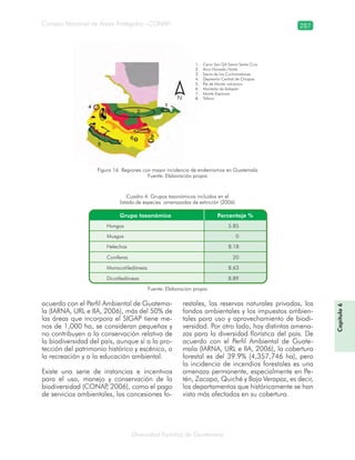 Diversidad florística de Guatemala
Consejo Nacional de Áreas Protegidas –CONAP– 287
acuerdo con el Perfil Ambiental de Guatema-
la (IARNA, URL e IIA, 2006), más del 50% de
las áreas que incorpora el SIGAP tiene me-
nos de 1,000 ha, se consideran pequeñas y
no contribuyen a la conservación relativa de
la biodiversidad del país, aunque sí a la pro-
tección del patrimonio histórico y escénico, a
la recreación y a la educación ambiental.
Existe una serie de instancias e incentivos
para el uso, manejo y conservación de la
biodiversidad (CONAP, 2006), como el pago
de servicios ambientales, las concesiones fo-
restales, las reservas naturales privadas, los
fondos ambientales y los impuestos ambien-
tales para uso y aprovechamiento de biodi-
versidad. Por otro lado, hay distintas amena-
zas para la diversidad florística del país. De
acuerdo con el Perfil Ambiental de Guate-
mala (IARNA, URL e IIA, 2006), la cobertura
forestal es del 39.9% (4,357,746 ha), pero
la incidencia de incendios forestales es una
amenaza permanente, especialmente en Pe-
tén, Zacapa, Quiché y Baja Verapaz, es decir,
los departamentos que históricamente se han
visto más afectados en su cobertura.
Capítulo6
Figura 16. Regiones con mayor incidencia de endemismos en Guatemala
Fuente: Elaboración propia
Cuadro 4. Grupos taxonómicos incluidos en el
listado de especies amenazadas de extinción (2006)
Fuente: Elaboracion propia
N
1. Cerro San Gil-Sierra Santa Cruz
2. Arco Húmedo Norte
3. Sierra de los Cuchumatanes
4. Depresión Central de Chiapas
5. Pie de Monte volcánico
6. Montaña de Xalapán
7. Monte Espinoso
8. Trifinio
 