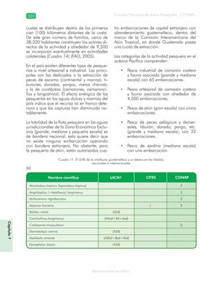 Consejo Nacional de Áreas Protegidas –CONAP–320
Biodiversidad acuática
Cuadro 11. El LEAE de la ictiofauna guatemalteca y su estatus en los listados
nacionales e internacionales
(a)
cuales se distribuyen dentro de los primeros
cien (100) kilómetros distantes de la costa.
De este gran número de familias, cerca de
38,320 habitantes constituyen los actores di-
rectos de la actividad y alrededor de 9,500
se incorporan eventualmente en actividades
colaterales (Cuadro 14) (FAO, 2005).
En el país existen diferentes tipos de pesque-
rías a nivel artesanal e industrial. Las princi-
pales son las dedicadas a la extracción de
peces de escama (continental y marina), ti-
burones, dorados, pargos, meros chernas;
y la de crustáceos (camarones, camaronci-
llos y langostinos). El efecto sinérgico de las
pesquerías en las aguas dulces y marinas del
país indica que el recurso va en franco dete-
rioro y que las capturas han disminuido no-
tablemente.
La totalidad de la flota pesquera en las aguas
jurisdiccionales de la Zona Económica Exclu-
siva (grande, mediana y pequeña escala) es
de bandera nacional, esto quiere decir que
no existe ninguna embarcación operando
con bandera extranjera. No obstante, para
la pesquería de atún, están autorizadas cua-
tro embarcaciones de capital extranjero con
abanderamiento guatemalteco, dentro del
marco de la Comisión Interamericana del
Atún Tropical, en donde Guatemala posee
una cuota de extracción.
Las categorías de la actividad pesquera en el
océano Pacífico comprenden:
• Pesca industrial de camarón costero
y fauna asociada (grande y mediana
escala) con 65 embarcaciones.
• Pesca artesanal de camarón costero
y fauna asociada con alrededor de
4,500 embarcaciones.
• Pesca de atún (gran escala) con cinco
embarcaciones.
• Pesca de peces pelágicos y demer-
sales, tiburón, dorado, pargo, etc.
(grande y mediana escala), con 22
embarcaciones.
• Pesca de sardina (mediana escala)
con una embarcación.
Capítulo7
 