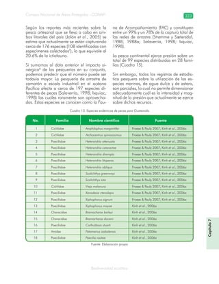 Consejo Nacional de Áreas Protegidas –CONAP– 323
Biodiversidad acuática
Según los reportes más recientes sobre la
pesca artesanal que se lleva a cabo en am-
bos litorales del país (Jolón et al., 2005) se
estima que actualmente se están capturando
cerca de 176 especies (108 identificadas con
especímenes colectados7
), lo que equivale al
20.6% de la ictiofauna.
Si sumamos al dato anterior el impacto si-
nérgico8
de las pesquerías en su conjunto,
podemos predecir que el número puede ser
todavía mayor. La pesquería de arrastre de
camarón a escala industrial en el océano
Pacífico afecta a cerca de 197 especies di-
ferentes de peces (Salaverría, 1998; Ixquiac,
1998) las cuales raramente son aprovecha-
das. Estas especies se conocen como la Fau-
na de Acompañamiento (FAC) y constituyen
entre un 99% y un 78% de la captura total de
las redes de arrastre (Strømme y Sætersdal,
1988, 1988a; Salaverria, 1998; Ixquiac,
1998).
La pesca continental ejerce presión sobre un
total de 99 especies distribuidas en 28 fami-
lias (Cuadro 15).
Sin embargo, todos los registros de estadís-
tica pesquera sobre la utilización de las es-
pecies marinas, de agua dulce y de estero,
son parciales, lo cual no permite dimensionar
adecuadamente cuál es la intensidad y mag-
nitud de la presión que actualmente se ejerce
sobre dichos recursos.
Cuadro 13. Especies endémicas de peces para Guatemala
Fuente: Elaboración propia
Capítulo7
 