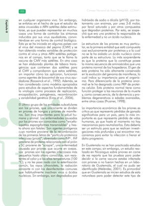 Consejo Nacional de Áreas Protegidas –CONAP–352352
Agentes subcelulares y microorganismosgenAg
en cualquier organismo vivo. Sin embargo,
se enfatiza en el hecho de que el estudio de
estos virusoides o ARN satélites debe estimu-
larse, ya que pueden representar en muchos
casos una forma de controlar los síntomas
inducidos por sus virus ayudadores, convir-
tiéndose en una forma de control biológico.
Esto ya se ha iniciado en algunos países con
el virus del mosaico del pepino (CMV) y se
han obtenido niveles variables de protección
contra el virus y otros ARN satélites patóge-
nos en el campo, tanto que se le llama la
vacuna de CMV más satélites. En otro caso
se han elaborado plantas de tabaco trans-
génicas que contienen dos satélites para
el CMV y comprobaron que estos satélites,
sin importar cómo los aplicaran, funcionan
como agentes de biocontrol de sus virus ayu-
dadores (Roossinck et al., 1992). Además, se
han considerado como modelos apropiados
para estudios de aspectos fundamentales de
la virología como procesos de replicación,
encapsidación, patogénesis, recombinación
y variabilidad genética (Eiras et al., 2006).
El último grupo de las entidades subcelulares
son los priones, que únicamente se dividen
en priones de hongos y priones de mamífe-
ros. Son muy importantes para la salud hu-
mana y animal. Las enfermedades causadas
por los priones son conocidas como “encefa-
lopatías espongiformes transmisibles” y has-
ta ahora son fatales. Son agentes patógenos
cuyo nombre proviene de la recombinación
de las primeras letras de “partícula proteínica
infecciosa (prion)”, abreviado como PrPsc
. PrP
proviene de proteína relacionada con el prión
y SC proviene de “scrapie”, una enfermedad
causada por priones que ocurre en ovejas.
Los priones son los agentes infecciosos más
pequeños hasta ahora conocidos, son resis-
tentes al calor y a las altas temperaturas (100
ºC); y no les pasa nada con la esterilización
común, los rayos ultravioleta, la radiación
ionizante ni con los desinfectantes comunes
que habitualmente inactivan virus o ácidos
nucleicos. Sin embargo, son degradados por
hidróxido de sodio o álcalis (pH10), por tra-
tamiento con enzimas, por urea 3-8 molar,
por fenol saturado y por otros compuestos
que degradan proteínas. Por esto, se sospe-
chó que era una proteína la responsable de
la enfermedad y no un ácido nucleico.
La estructura de los priones es muy particu-
lar, es la primera entidad que está compuesta
casi exclusivamente por proteínas y a la cual
no se le ha aislado un ácido nucleico como
parte de su estructura. Lo más sorprendente
es que la proteína que lo constituye posee
la misma secuencia de aminoácidos que una
proteína normal de los hospederos. El gen de
esta proteína ha sido altamente conservado
en la evolución del genoma de mamíferos, lo
cual indica su importancia para el organis-
mo. Para diferenciarla de la proteína anor-
mal se le ha designado como PRPc
de proteí-
na celular. Esta proteína normal tiene como
función proteger a las neuronas de la muerte
y, como consecuencia, de la demencia y pro-
blemas degenerativos a edades avanzadas,
entre otras cosas (Prusiner, 1998).
La importancia económica de los priones es
crítica ya que representa pérdidas de ganado
significativas para un país, pero lo más im-
portante es que representa pérdida de vidas
humanas, ya que hasta el momento no hay
mecanismos para neutralizarlos. Esto debería
ser un estímulo para que se realicen investi-
gaciones más profundas y así encontrar me-
canismos para evitar la infección o frenar el
daño progresivo.
En Guatemala no se han practicado estudios
en este campo; sin embargo, un estudio rea-
lizado en Nicaragua sobre priones en carne
de res reporta que las pruebas para poder
decidir si la carne vacuna estaba infectada
con priones o no fueron hechas en un labo-
ratorio de Guatemala, el cual no pudo ser
identificado (Meléndez, 2001). Es primordial
que en Guatemala se inicien estudios de esta
naturaleza para poder detectar este tipo de
Capítulo8
 